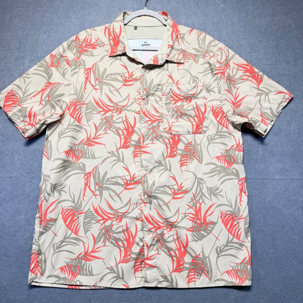 Under Armour‎ Mens XL Tropical Palm Leaf Print Short Sleeve Button Up Shirt Tan